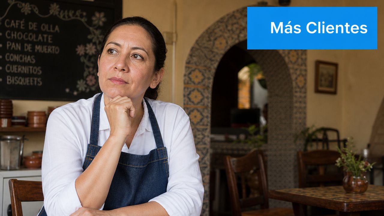 Una propietaria de cafetería reflexiva en su local, pensando en cómo atraer a más clientes al negocio.