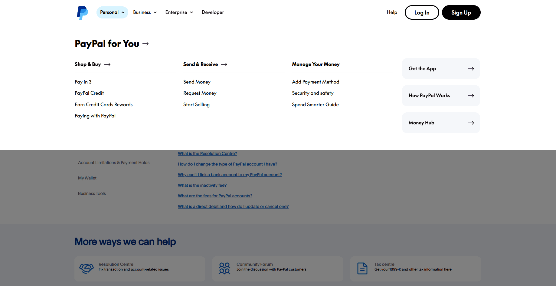 Screenshot of Paypal's megamenu for market research