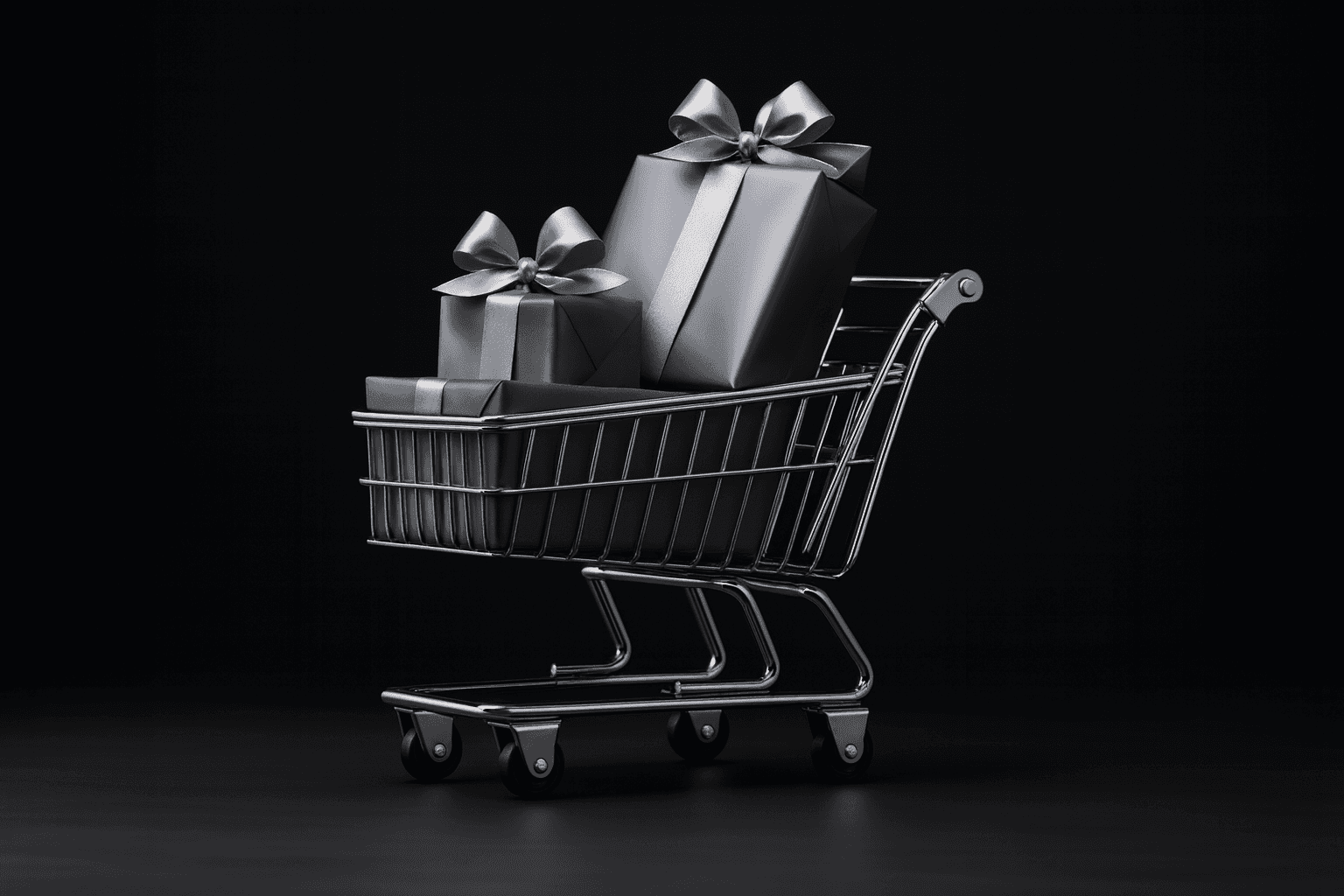 Chariot rempli de paquets cadeaux noirs, illustrant les records de ventes atteints lors d'événements annuels comme le Black Friday et Noël.