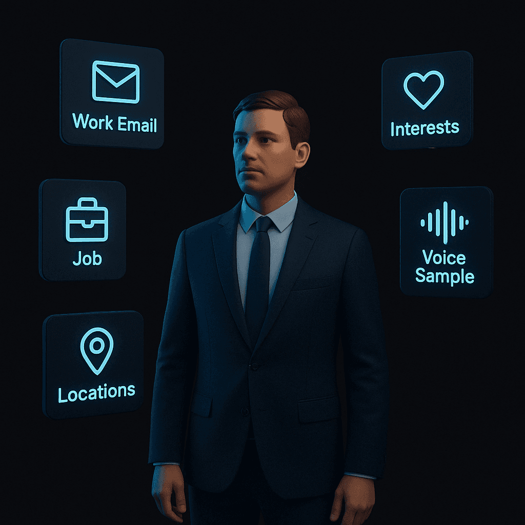 A 3D-rendered digital image with a minimalistic dark background featuring a professional male employee standing in the center. Surrounding him are five glowing blue floating panels labeled "Work Email," "Job," "Interests," "Voice Sample," and "Locations," symbolizing different types of personal data that can be targeted in cyberattacks.