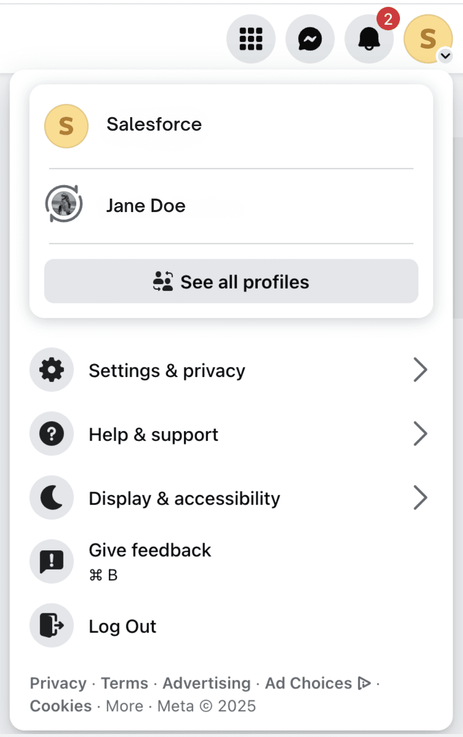 Facebook account menu open with Settings & privacy highlighted above Help & support and Display & accessibility.