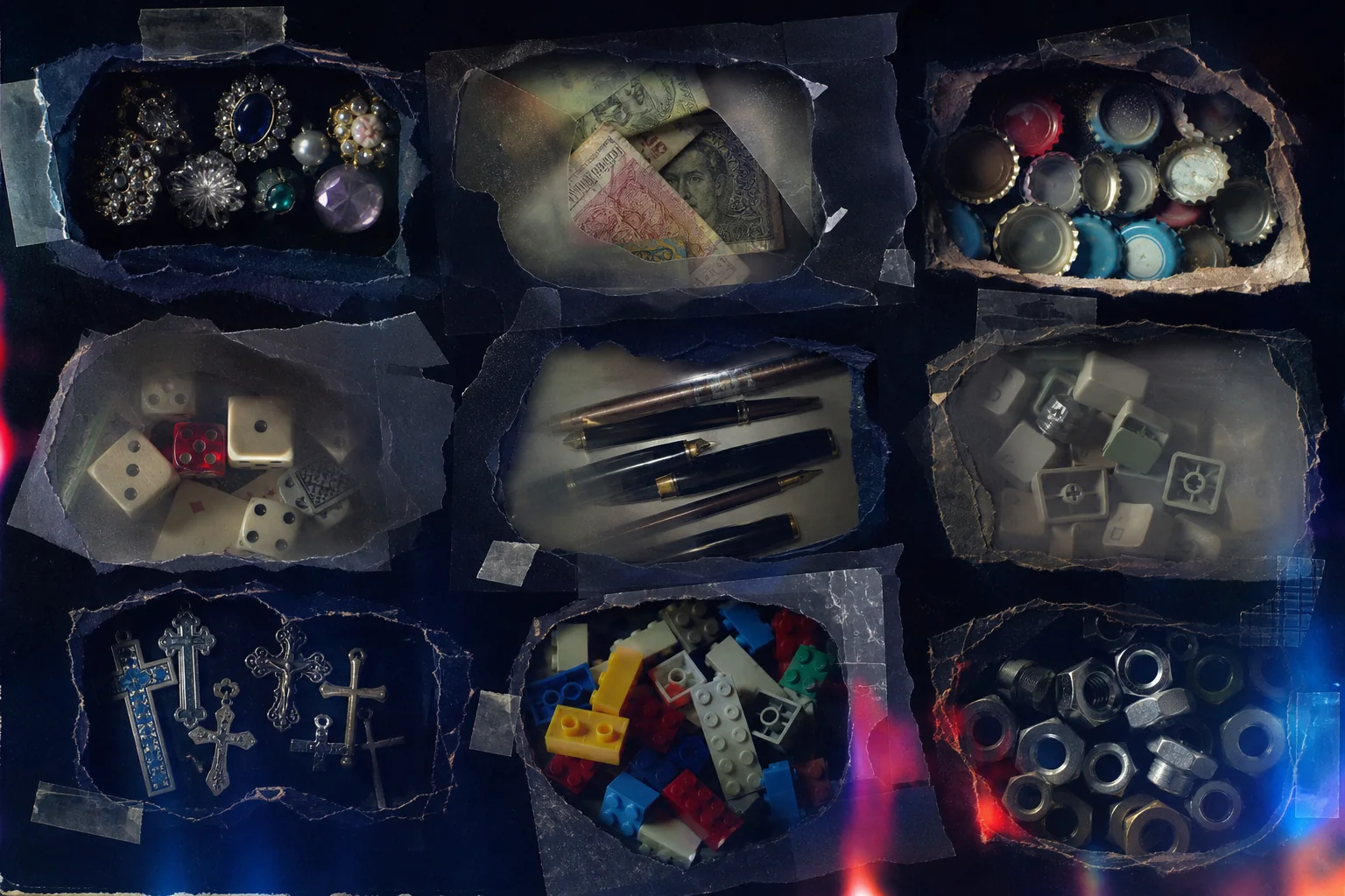 Nine dream-dossier material families in taped dark-paper apertures.