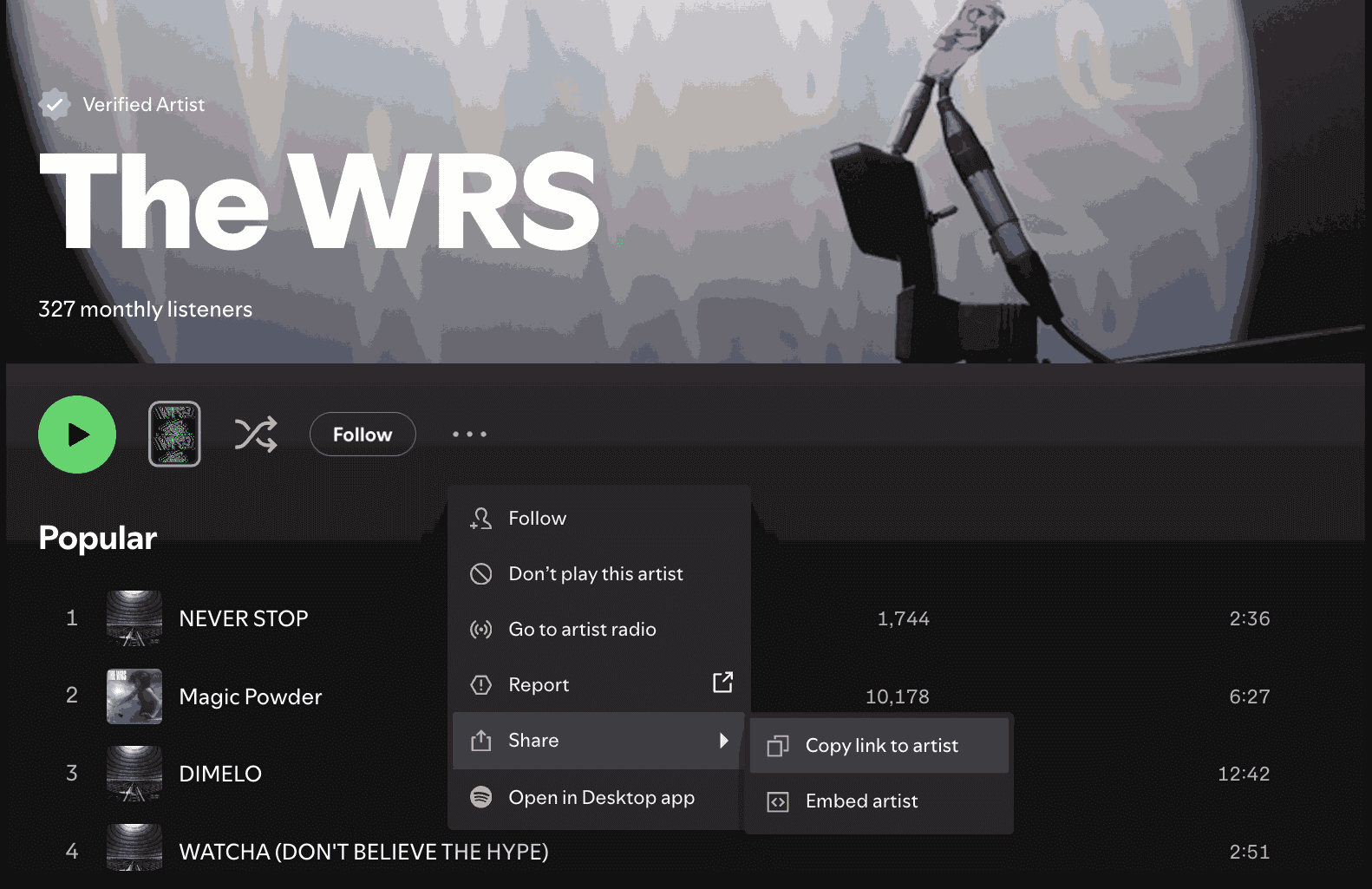 The WRS Spotify artist page. Clicking Spotify Artist URL