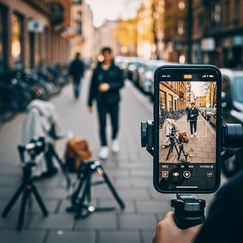 Producción audiovisual en exteriores mostrando la grabación de video con smartphone y estabilizador gimbal para creación de contenido dinámico tipo vlog.