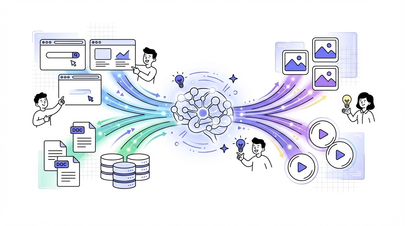 An illustration of a central glowing AI model synthesizing information. Dynamic data streams connect the AI to various icons representing web pages, documents, databases, images, and videos, all merging into the core. The style is modern, professional, and tech-focused with cool blue and purple tones.