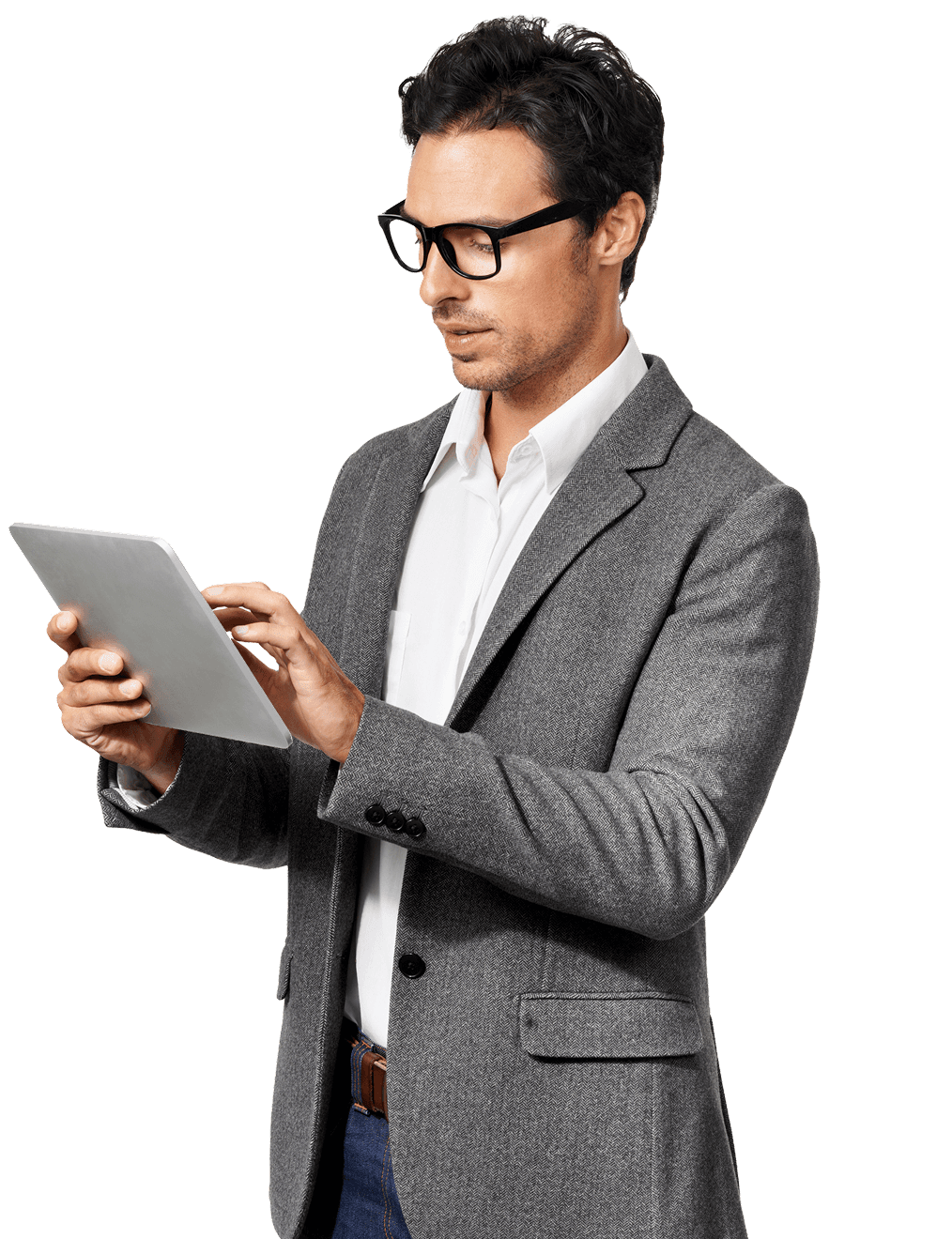 A man wearing a white shirt is smiling while holding a tablet displaying colorful graphs and charts, indicating the analysis of data or business performance.
