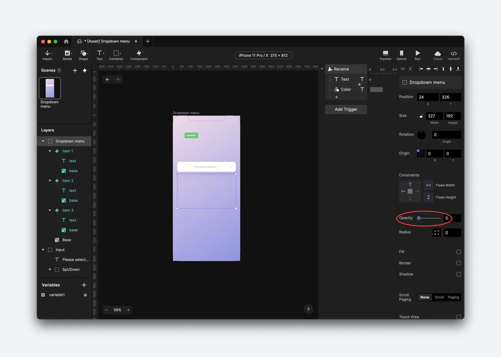 set the opacity of the Dropdown menu to 0.