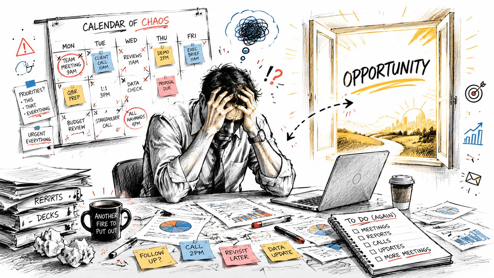 A stressed businessman sits at an overwhelmed office desk looking out a window towards a golden opportunity.