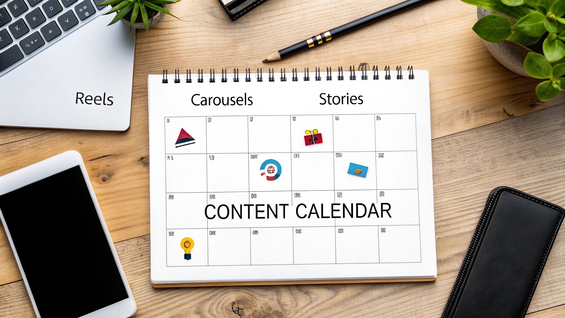 A flat lay shows a content calendar with social media types like Reels, Carousels, and Stories.
