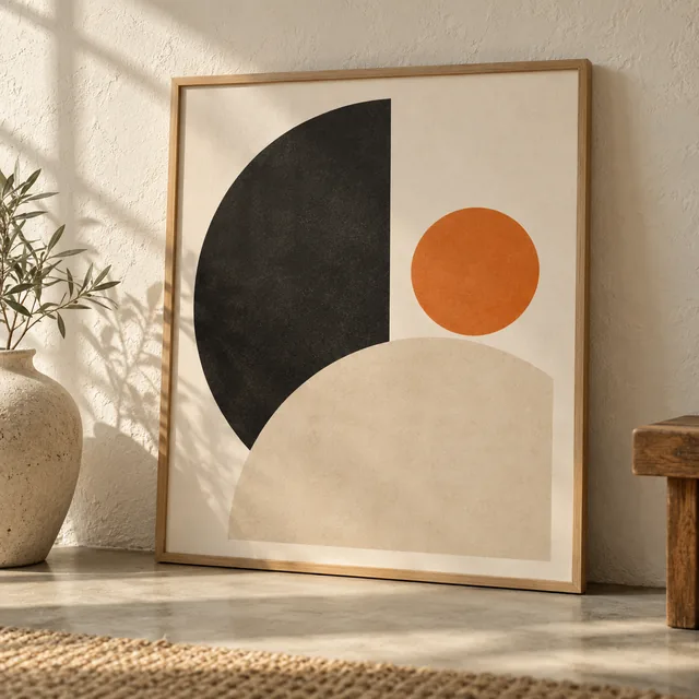Abstract poster in cream, black and orange leaning on a wall