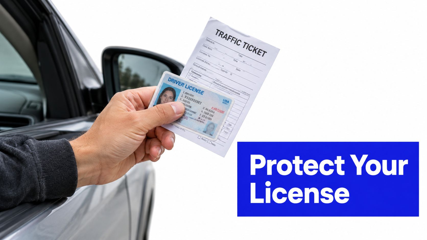 A driver hands over a traffic ticket and a driver license through a car window to police.