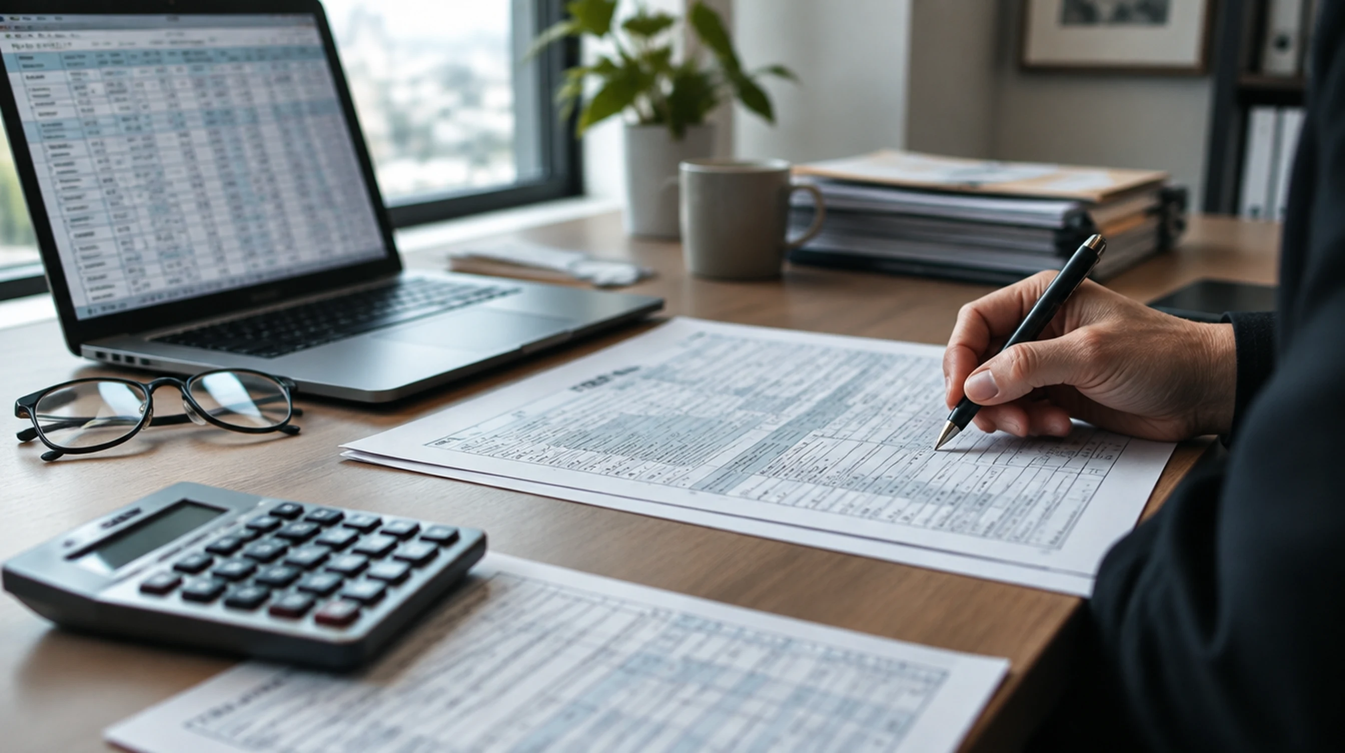 Tax professional reviewing IRS forms with a calculator and laptop