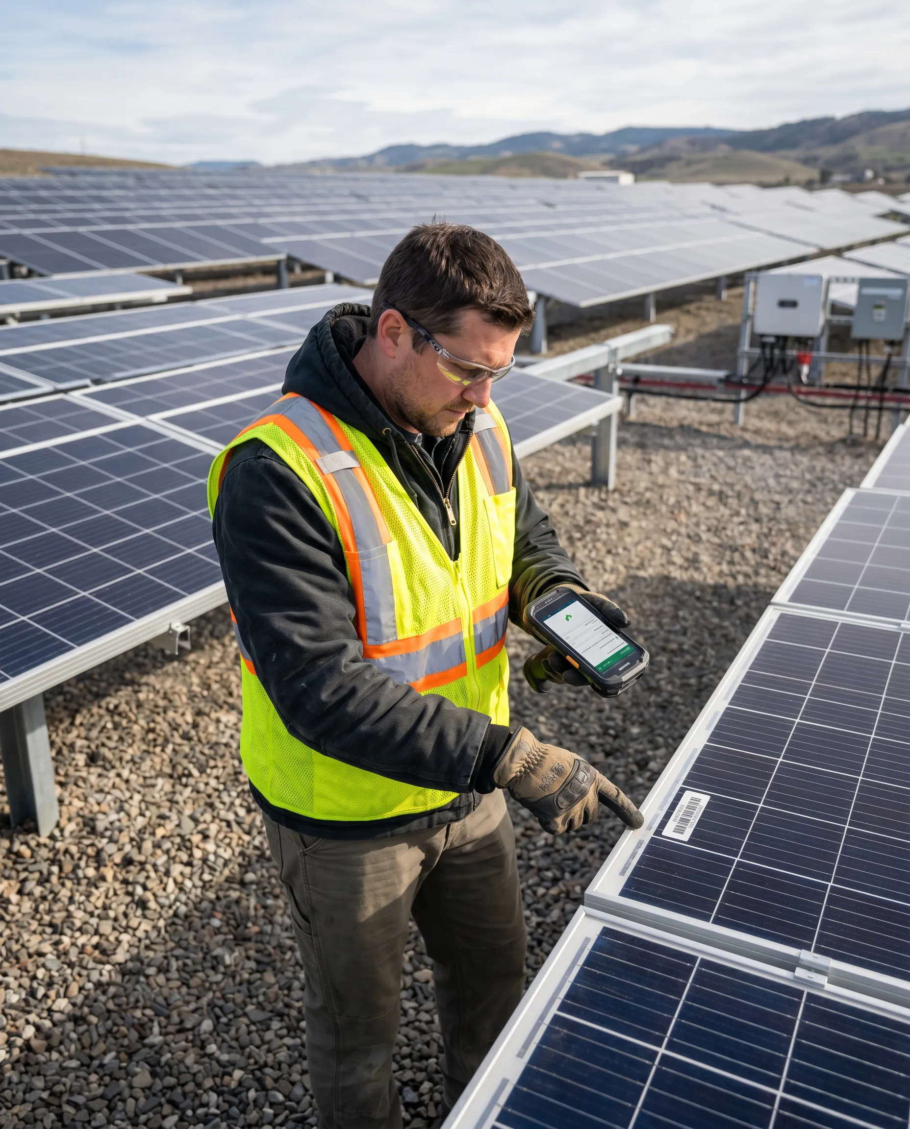 Worker in a hard hat and safety vest holding a tablet at a solar farm construction site, with rows of solar panels, cranes, and crew members working in the background at sunset.