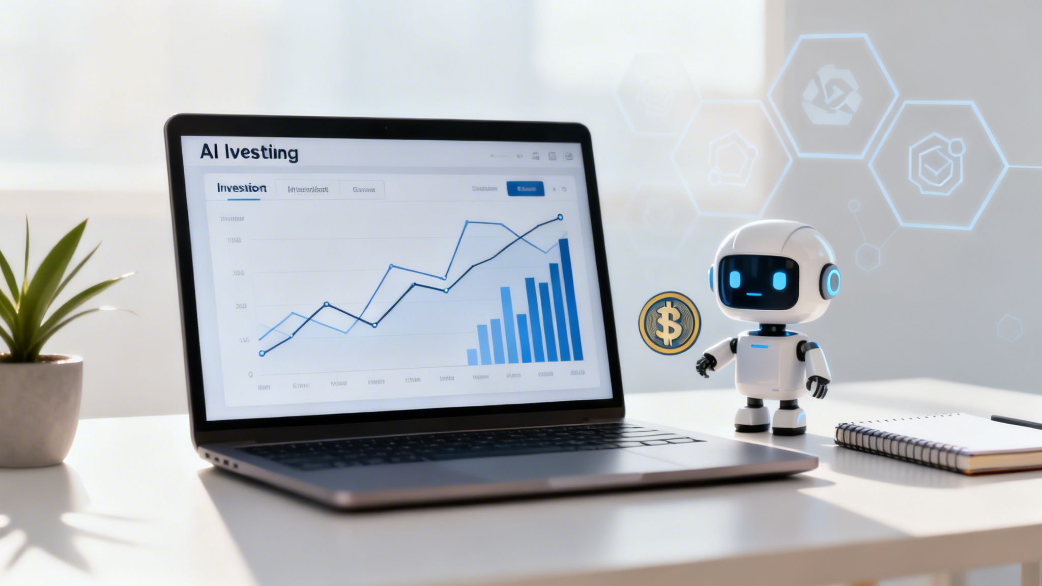 A robot holds a dollar coin beside a laptop showing an AI investing chart on a desk.