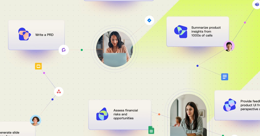 The image displays an interconnected network of digital illustrations and pictures of people working on laptops, symbolizing Glean AI Agents in action, with elements like documents and graphs floating around to suggest data analysis and collaboration.