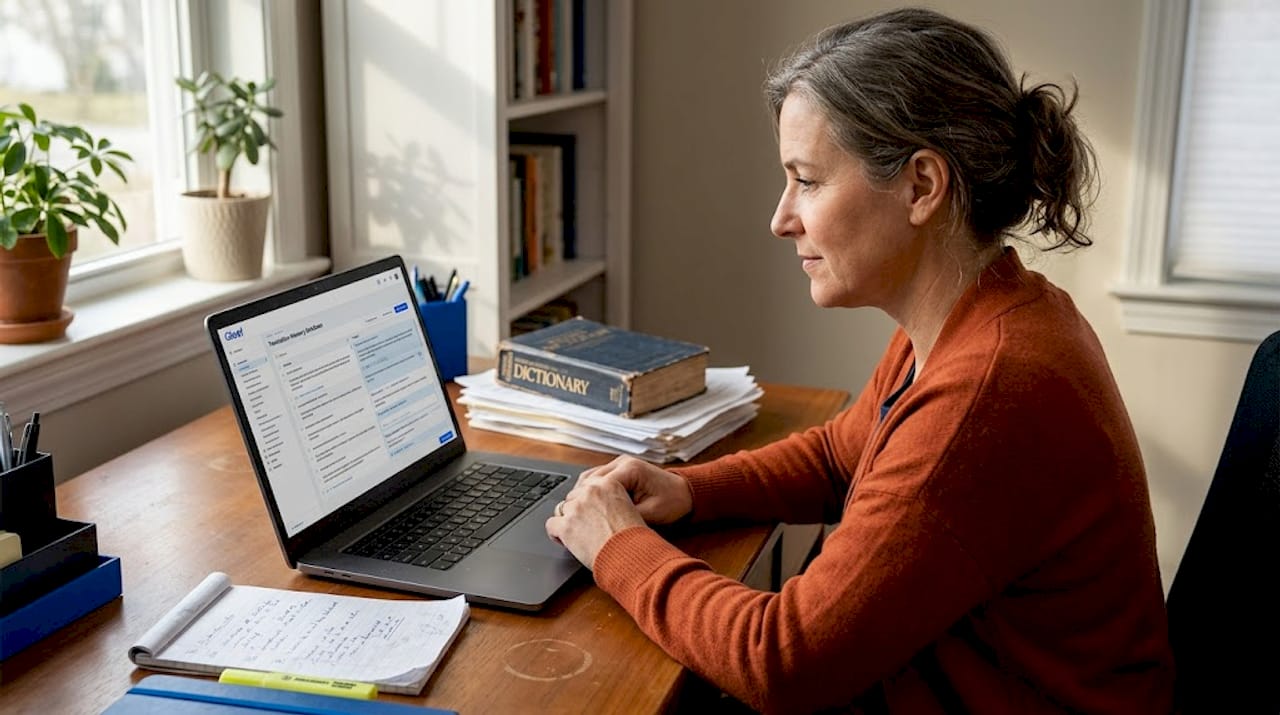 Localization specialist reviewing translation memory database