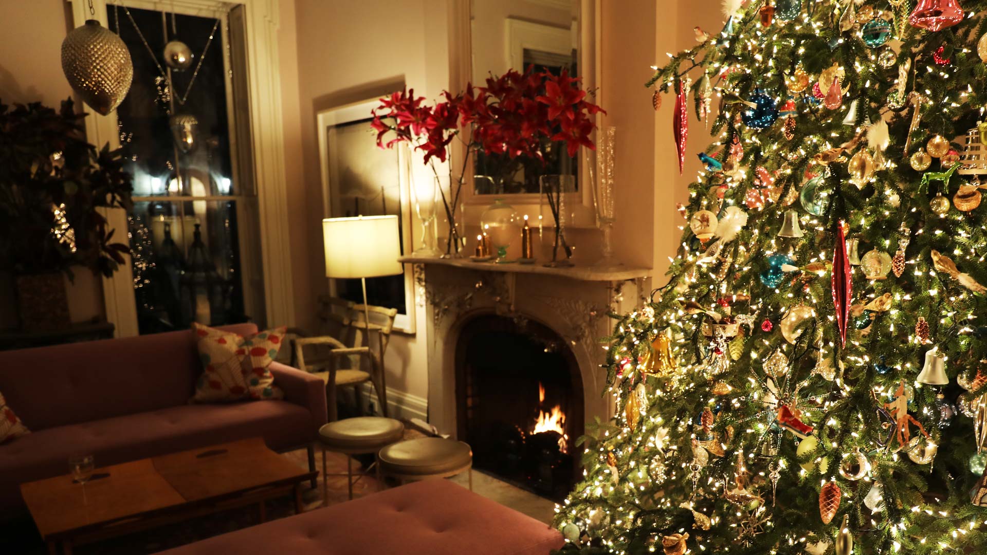 christmas scene with tree and fireplace