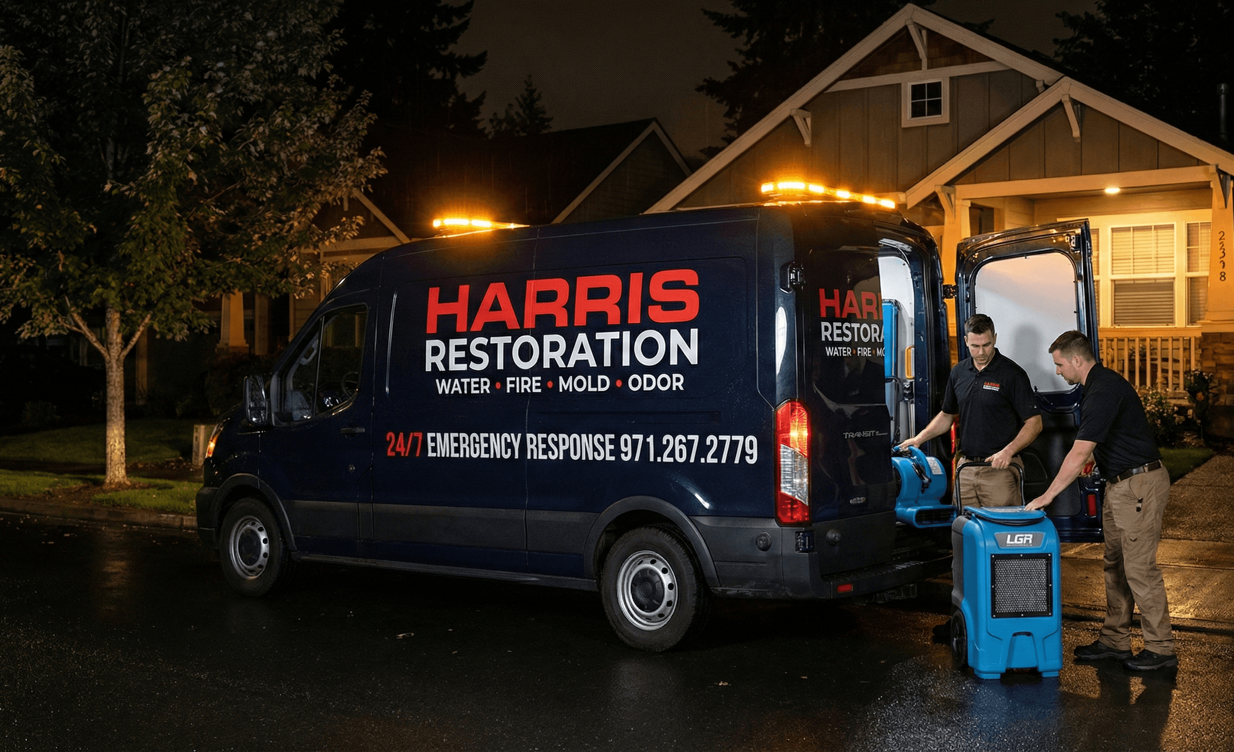 Harris Restoration staff member documenting notes on clipboard in a burned-out room