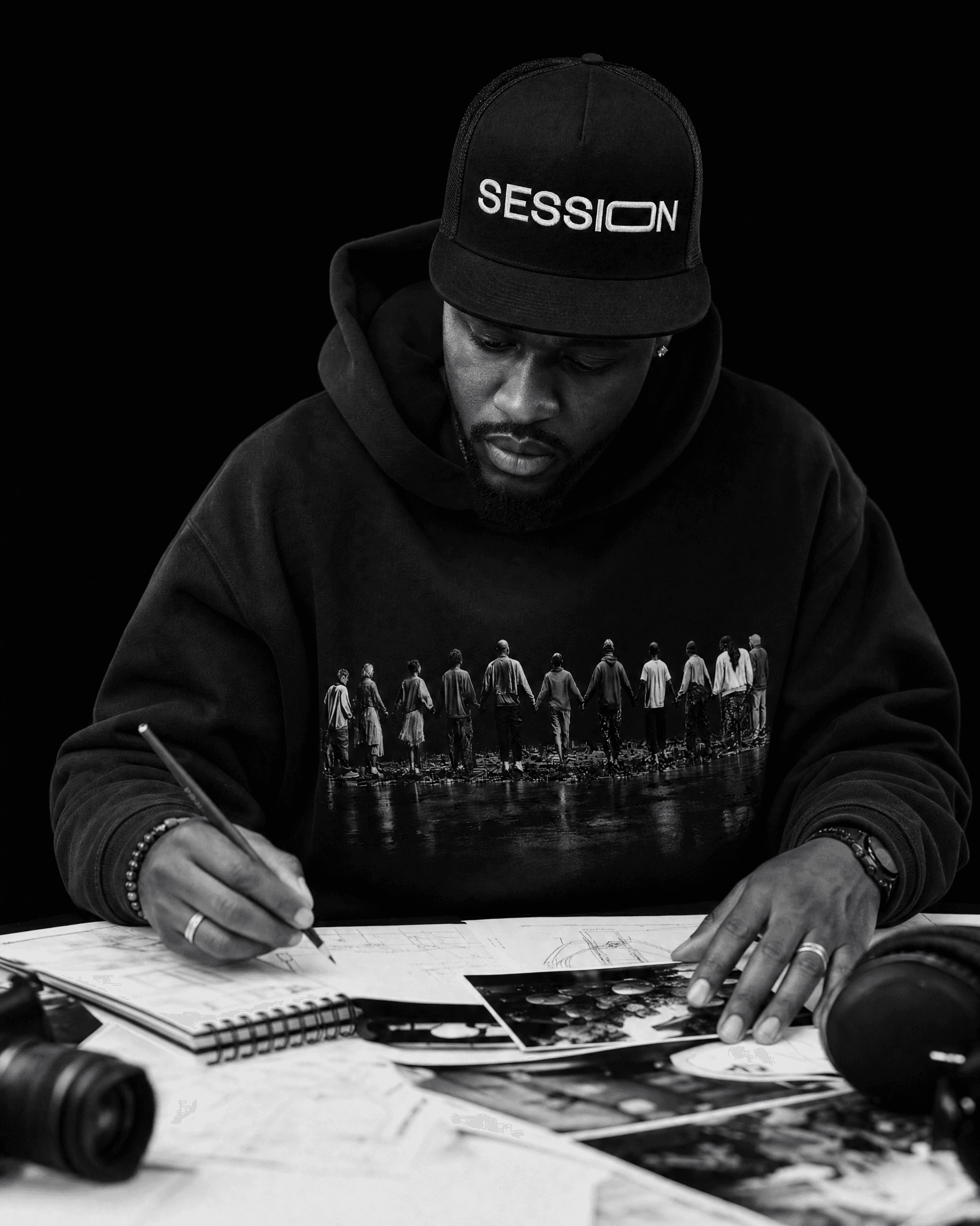 Man in a black Session Zone logo cap and community-graphic hoodie sketching beside photographs and a camera.