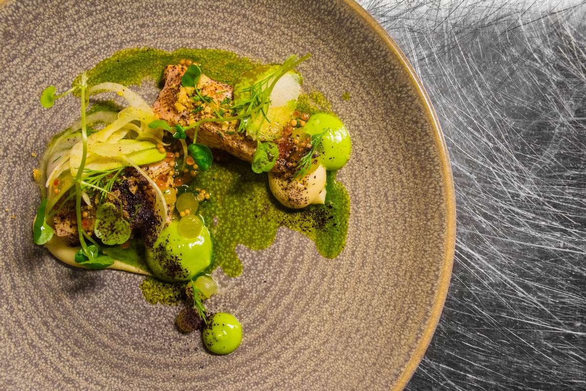 A gourmet plated dish featuring seared fish, green herb oil, and small green spheres on a textured ceramic plate.