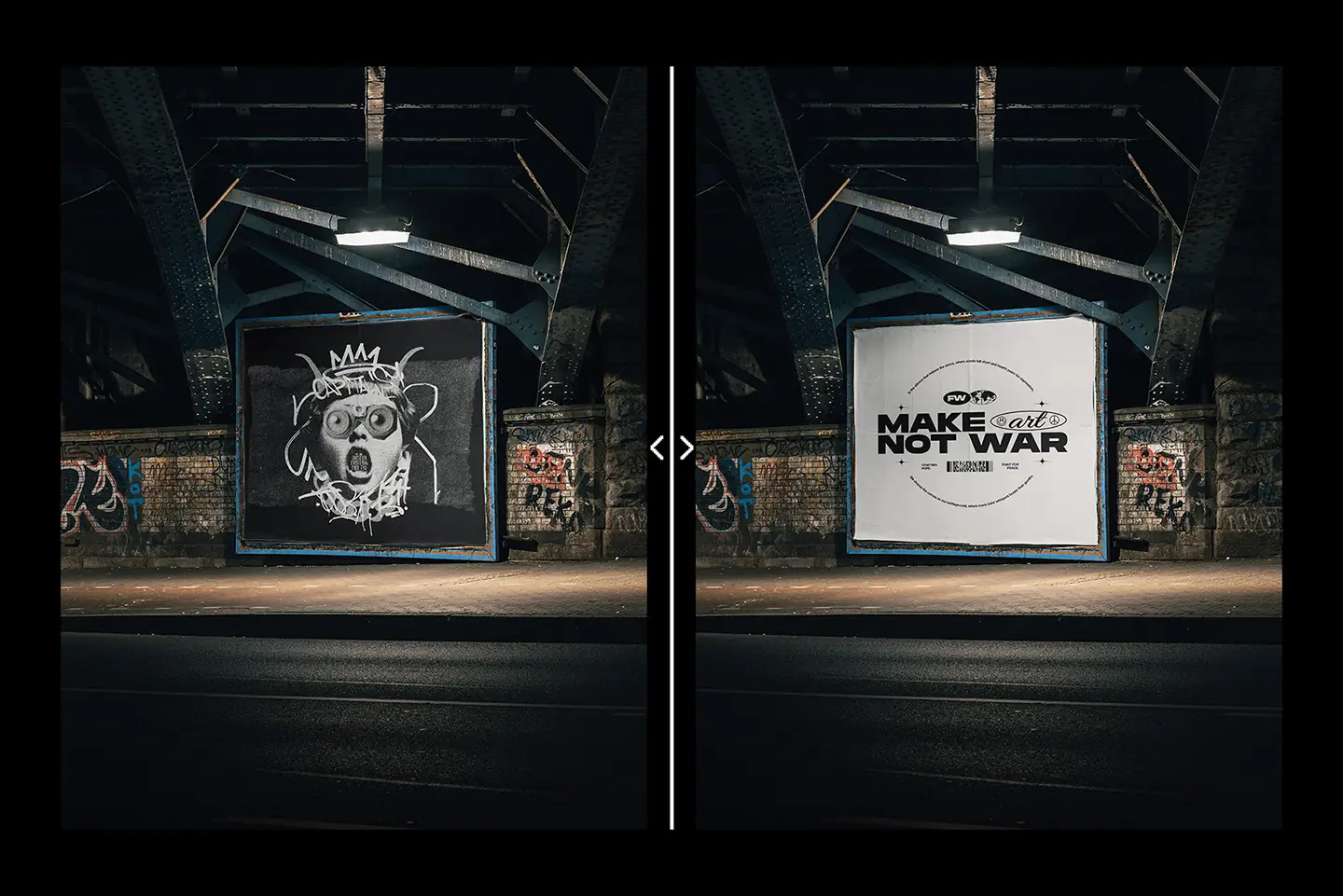 Urban billboard mockup showing two poster design examples in realistic street scene