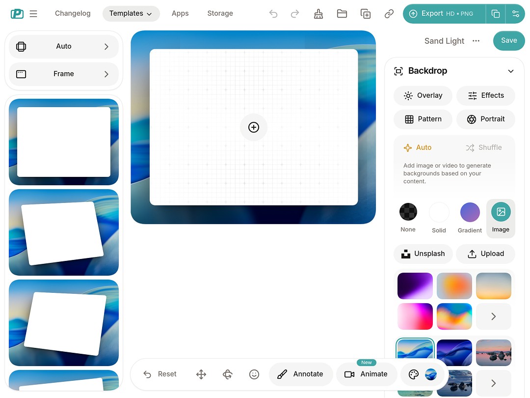 User interface of a graphic design tool, showing template selection and background editing options.