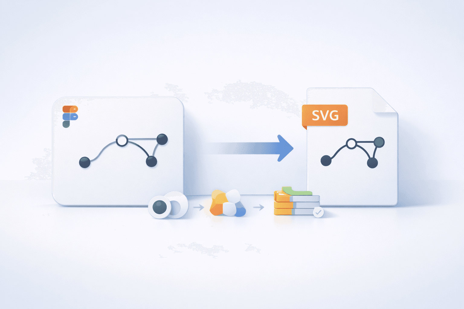 Figma export workflow illustration showing design cleanup steps like outlining strokes, merging shapes, simplifying layers, and exporting a clean SVG.