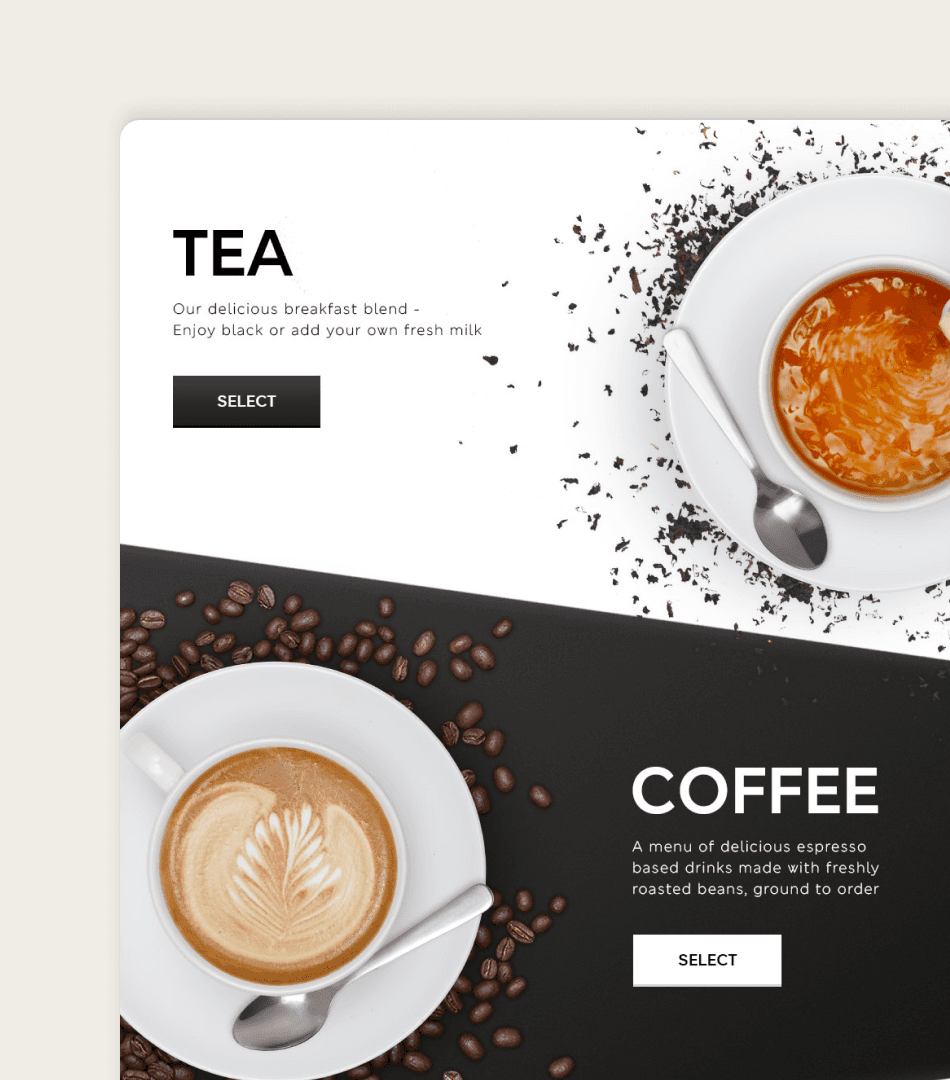 A design mockup for the M&S coffee machine UI. The screen is divided to showcase the two main beverage options: "TEA" and "COFFEE," each with a high-quality photo of the drink and a simple call-to-action button.
