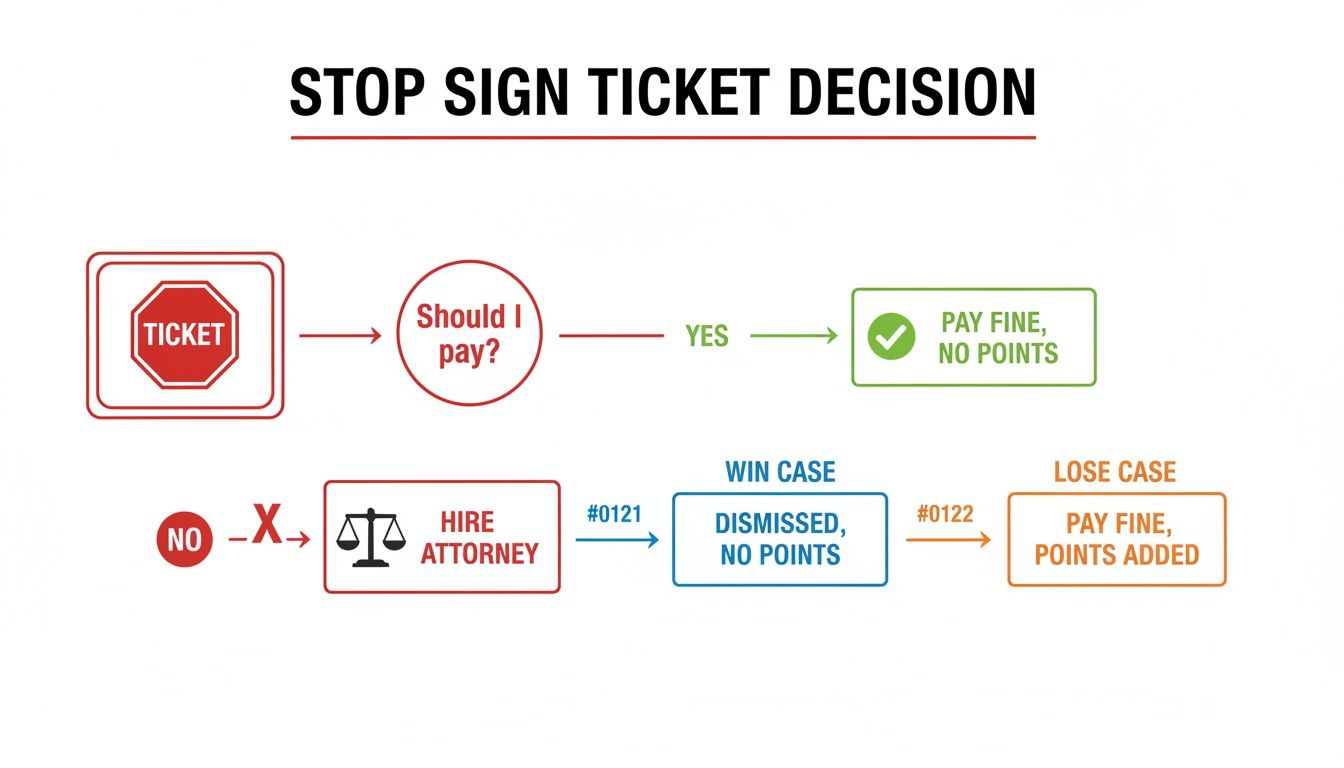 Flowchart illustrating the decision process for a stop sign ticket, detailing options to pay or hire an attorney.