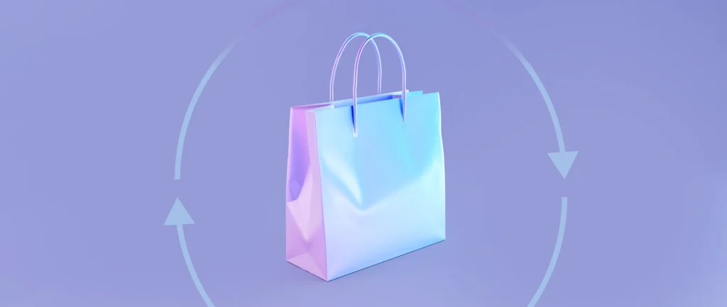 Einkaufstasche mit kreisenden Pfeilen als Sinnbild für die Unified Commerce Edition von Shopify
