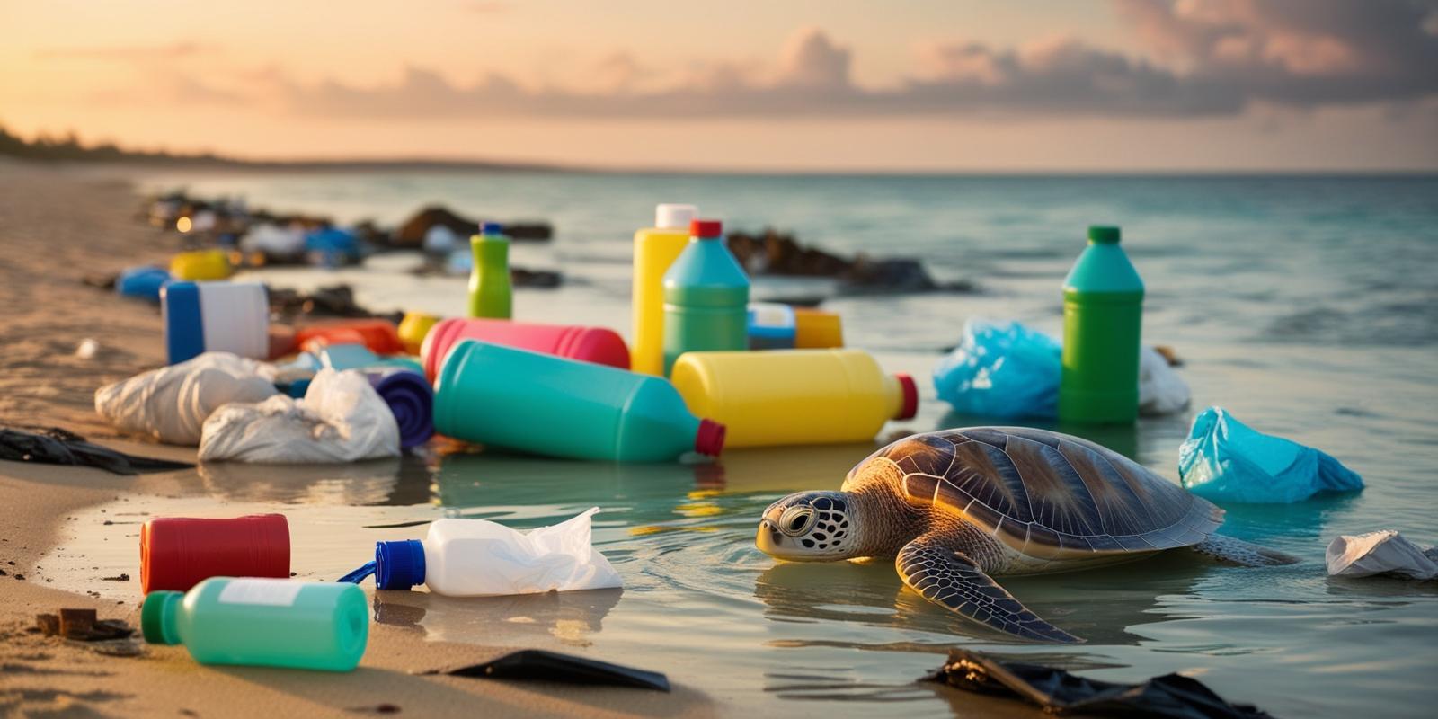 Polluted ocean water near the shore, with chemical waste affecting marine life.
