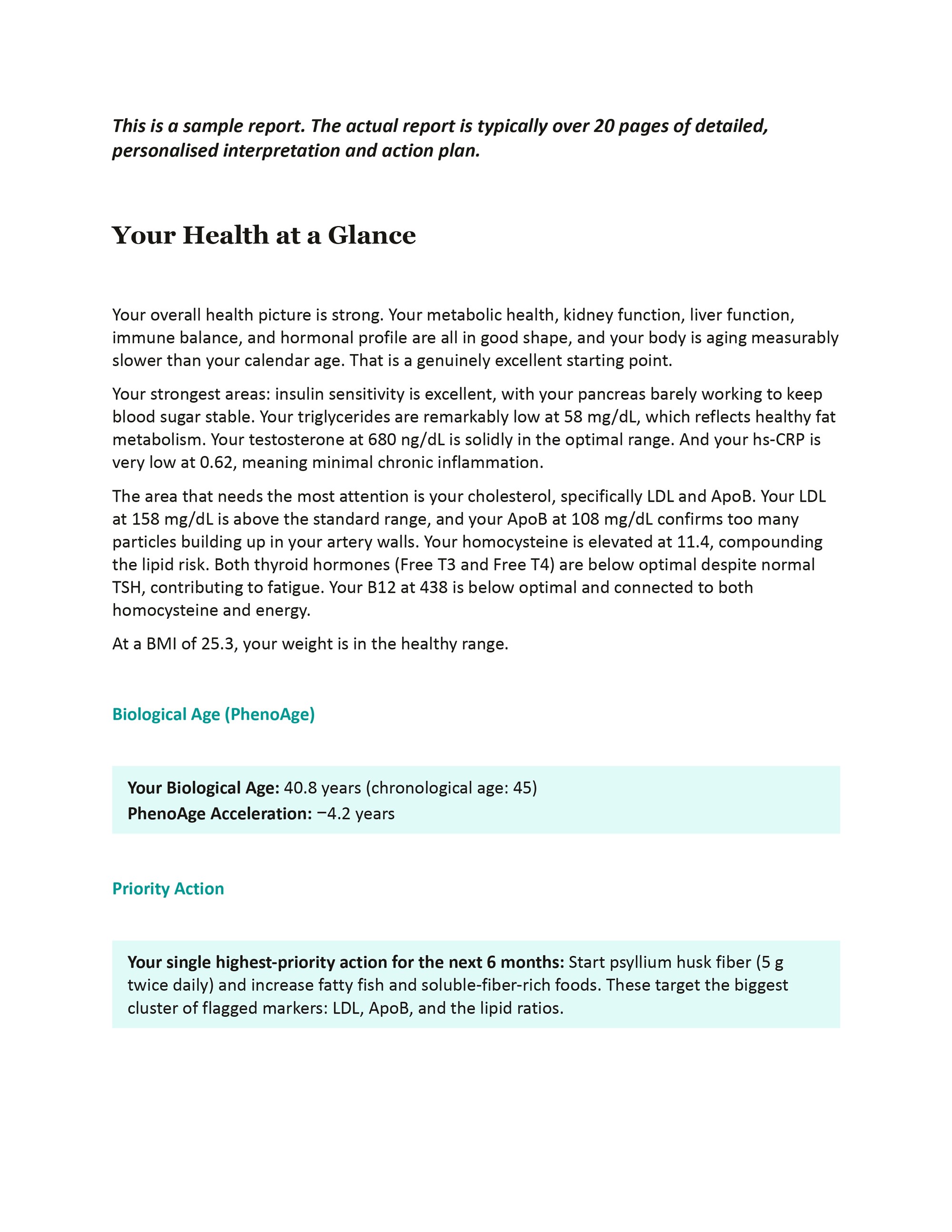 Sample Aion Health report showing biomarker analysis and recommendations. 