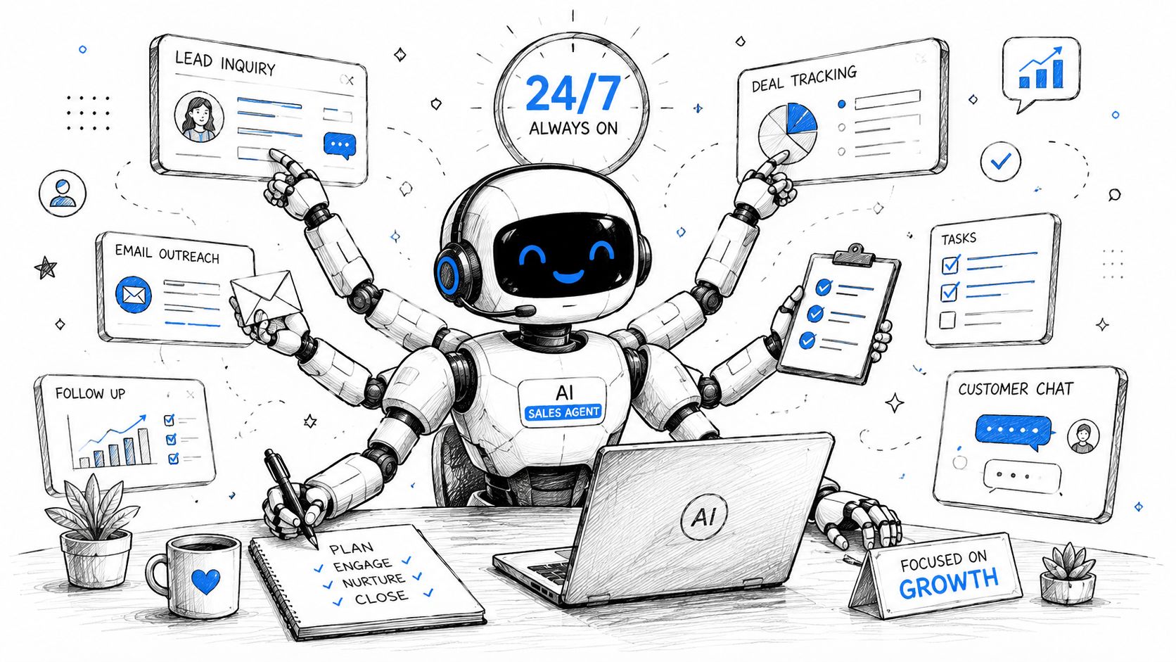 A friendly AI sales agent robot multi-tasking on various sales activities like tracking deals and customer chats.
