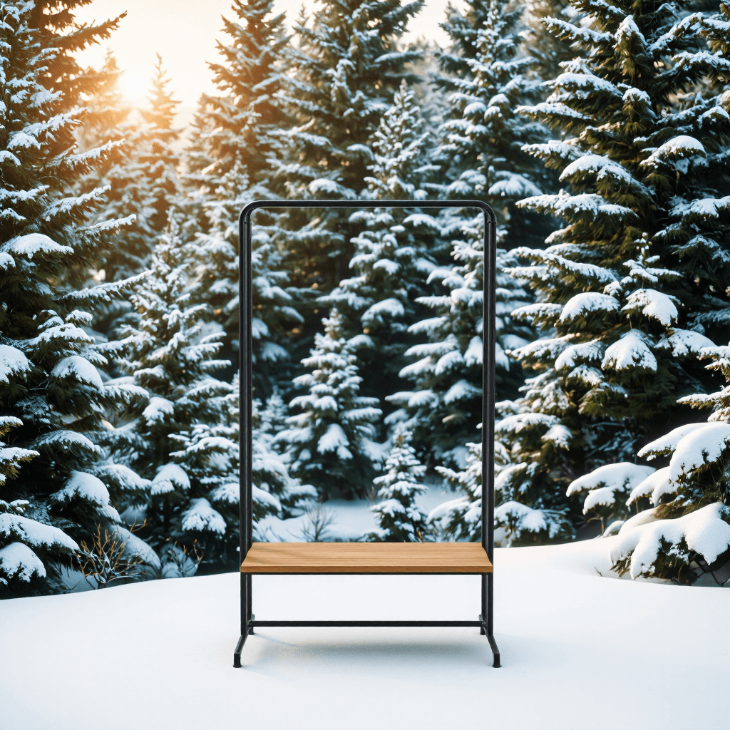 product photography of a clothing rack with a wooden shelf