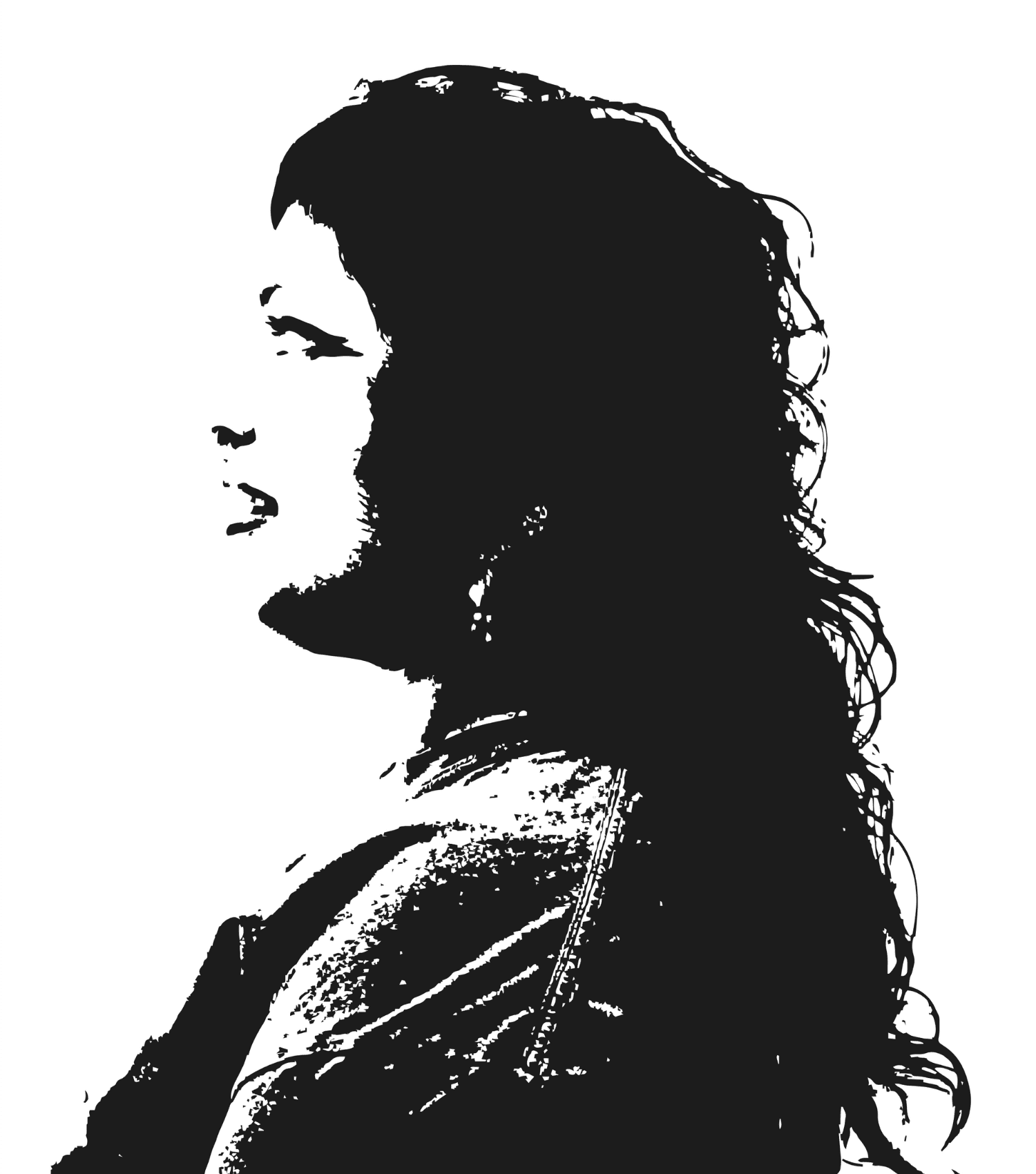 The image features a high-contrast, black and white illustration of a hair client, creating a dramatic and artistic effect.