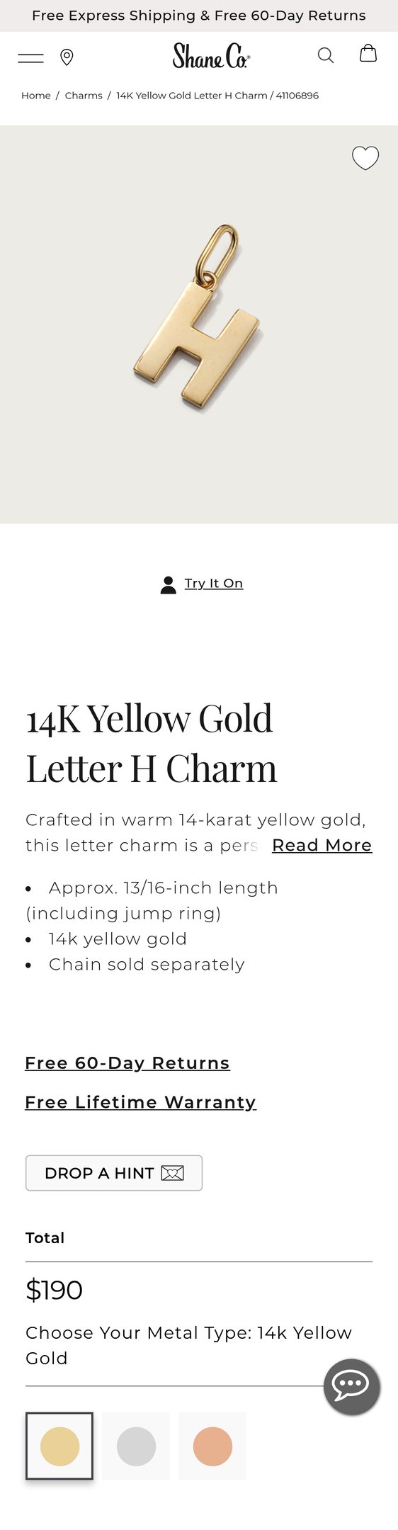 Jewelry product options include: pendant for 14K Yellow Gold Letter H Charm from Shane Co.