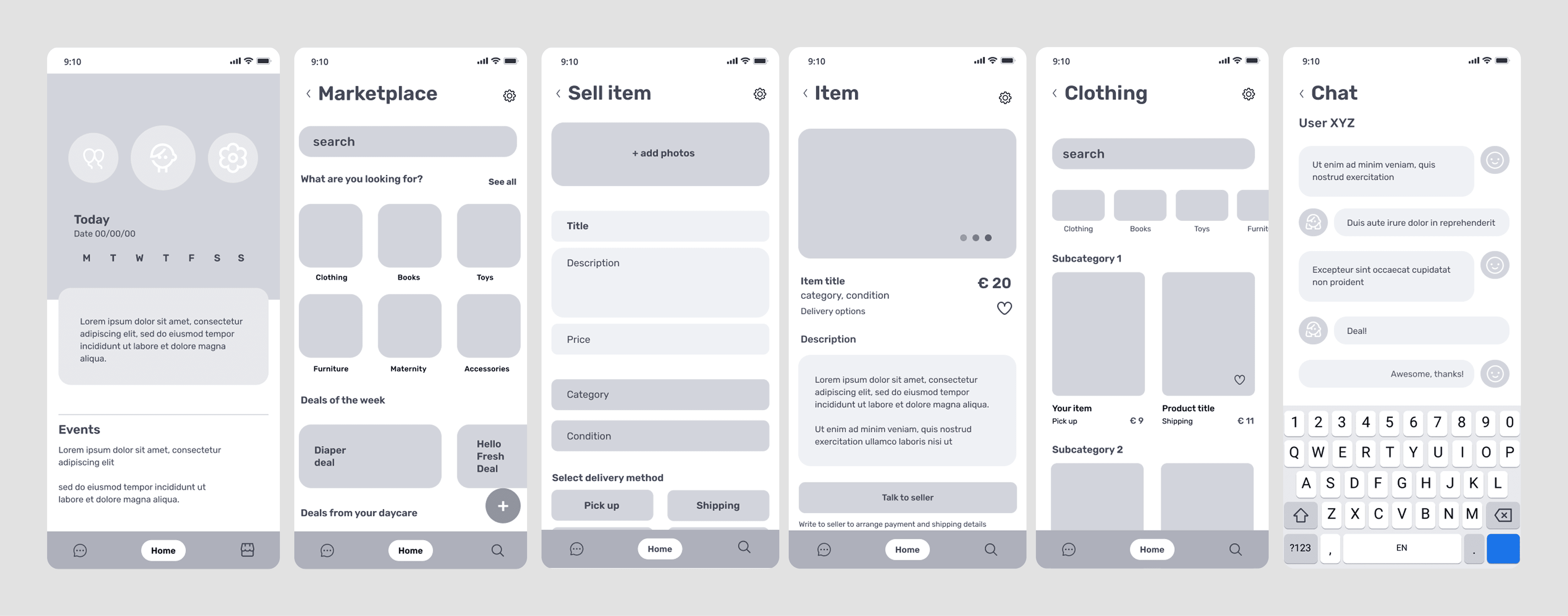 Mid-fidelity wireframes of marketplace