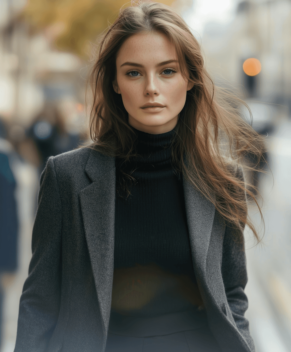 A woman with long brown hair stands on a city street, wearing a gray blazer and black turtleneck.