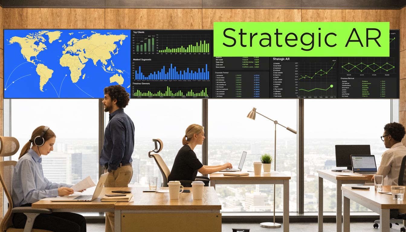 A professional team working in a modern office with large digital screens displaying financial data analytics.