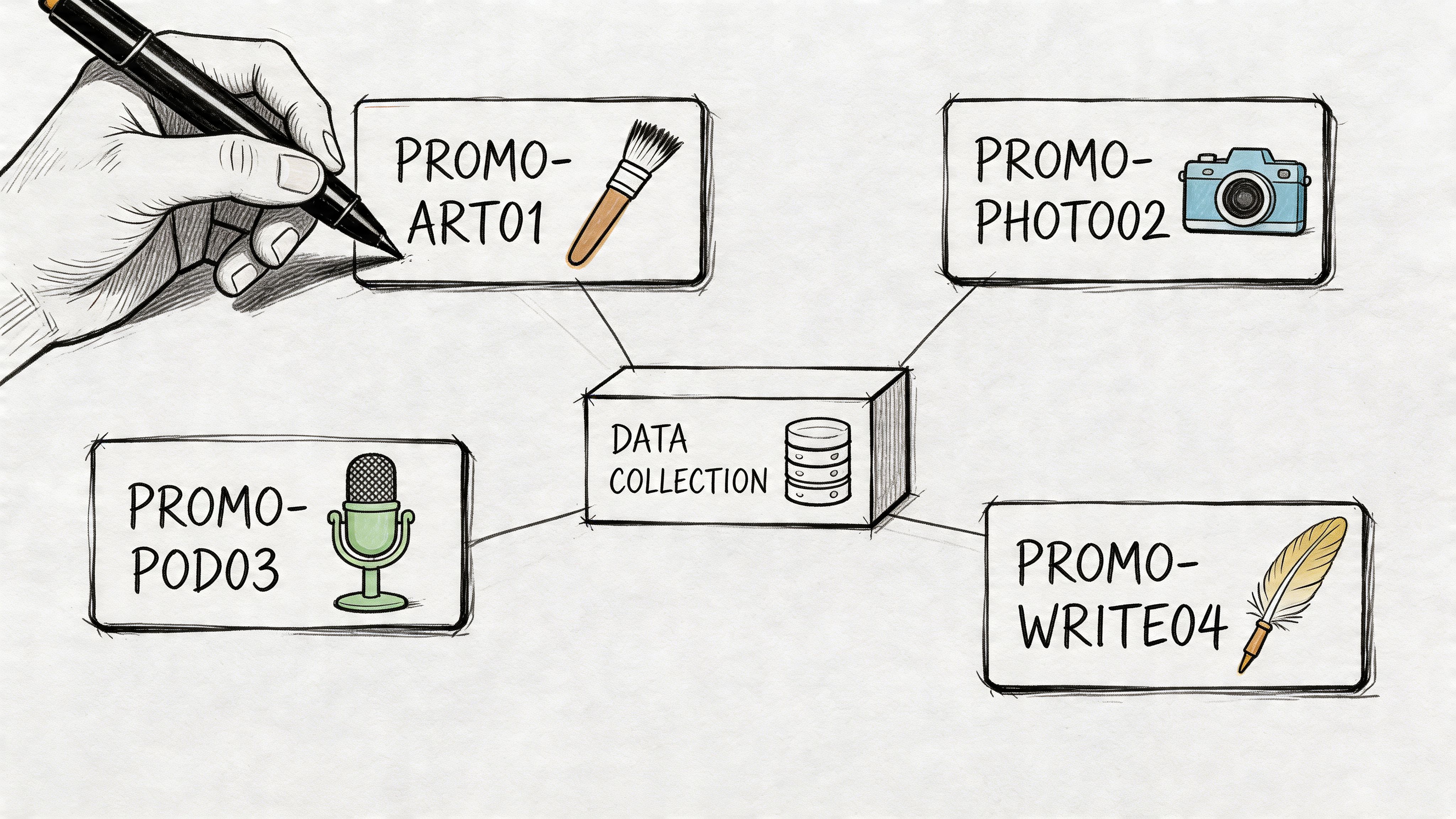 A hand drawing connections between different promotional media categories and a central data collection icon.