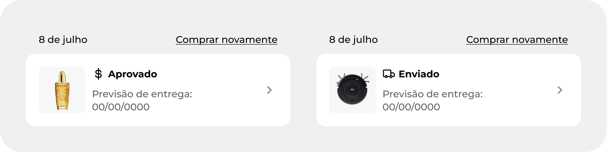 A partir do status "aprovado", todos os cards de pedidos são acompanhados do link buttom "comprar novamente"