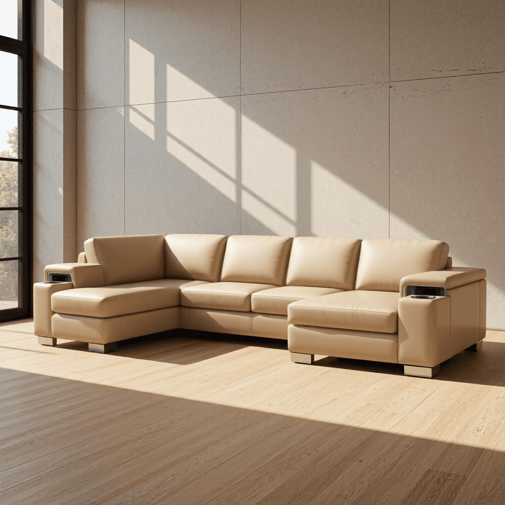 product photography of a sectional sofa with built-in cup holders