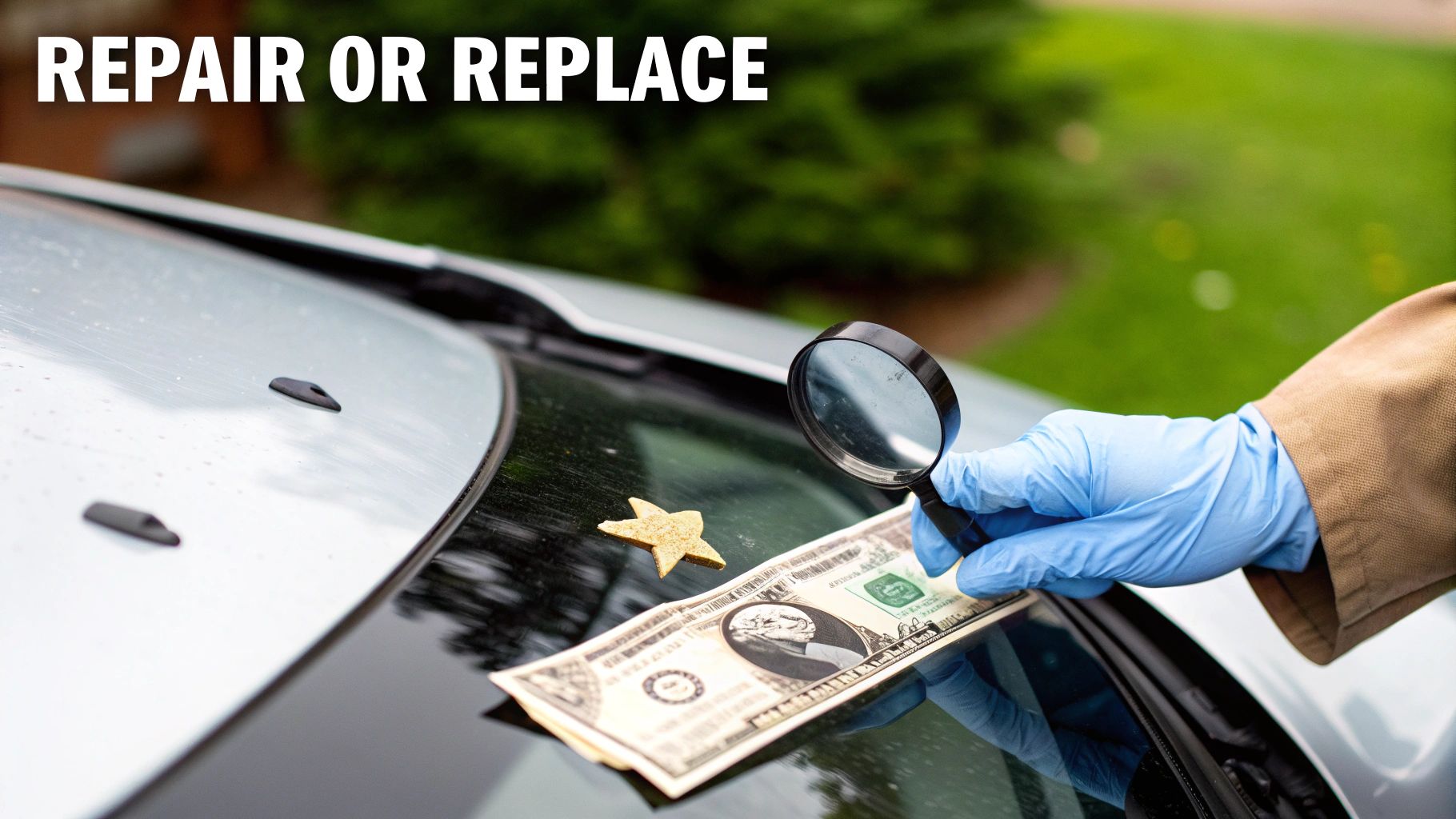 A gloved hand uses a magnifying glass to inspect a dollar bill and a star-shaped chip on a car windshield with 