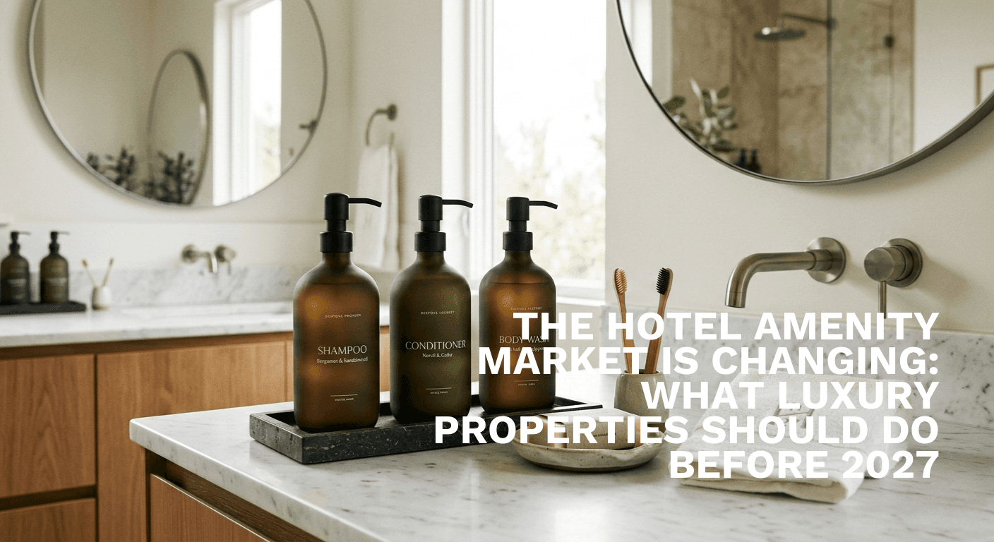 Elegant bathroom scene with three amber bottles labeled shampoo, conditioner, and body wash on a marble countertop. Nearby are two toothbrushes in a holder, a soap dish, and a folded towel. A round mirror and soft lighting evoke a serene, spa-like ambiance.
