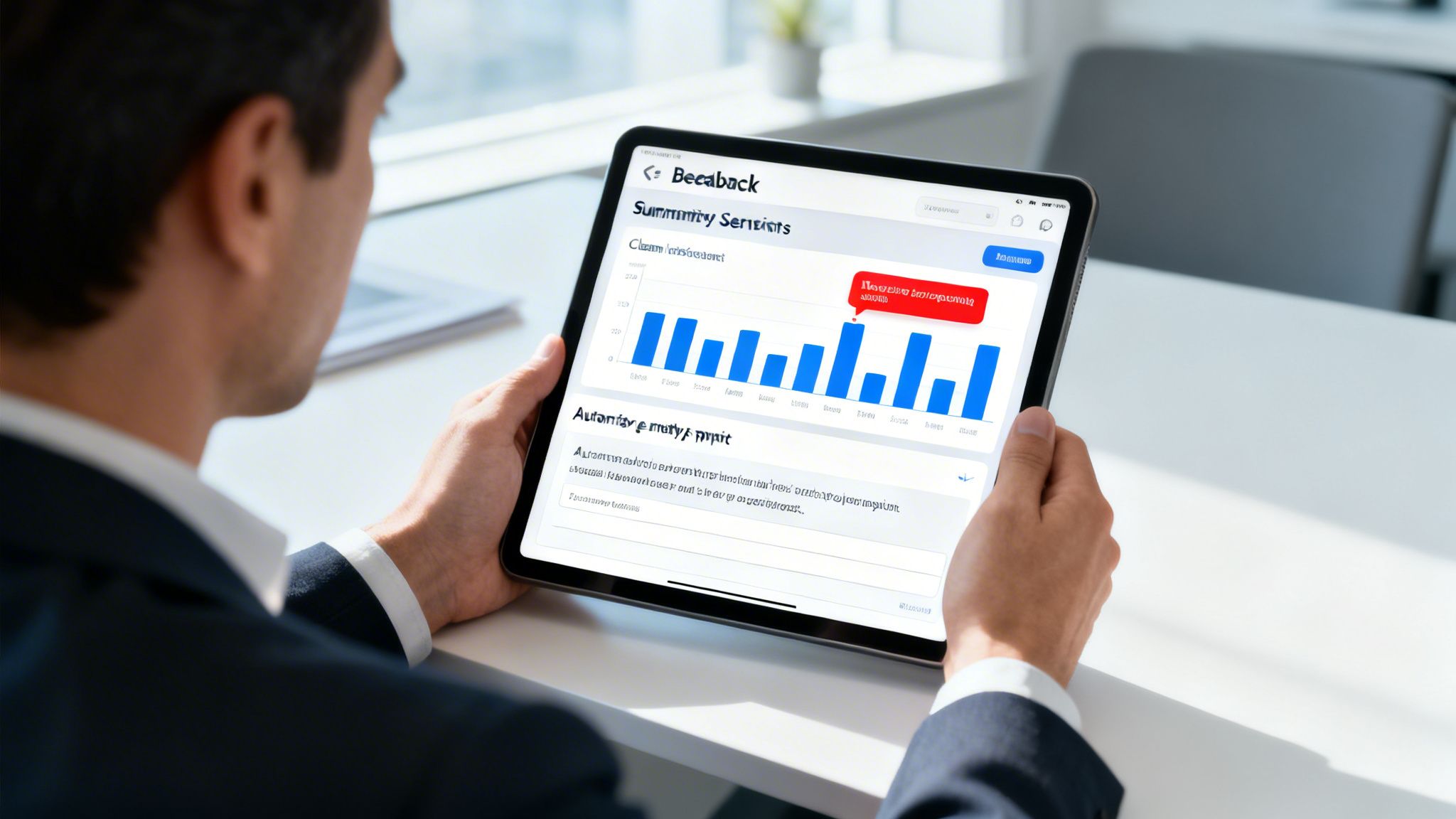 A man in a suit holds a tablet displaying a business dashboard with a bar chart.