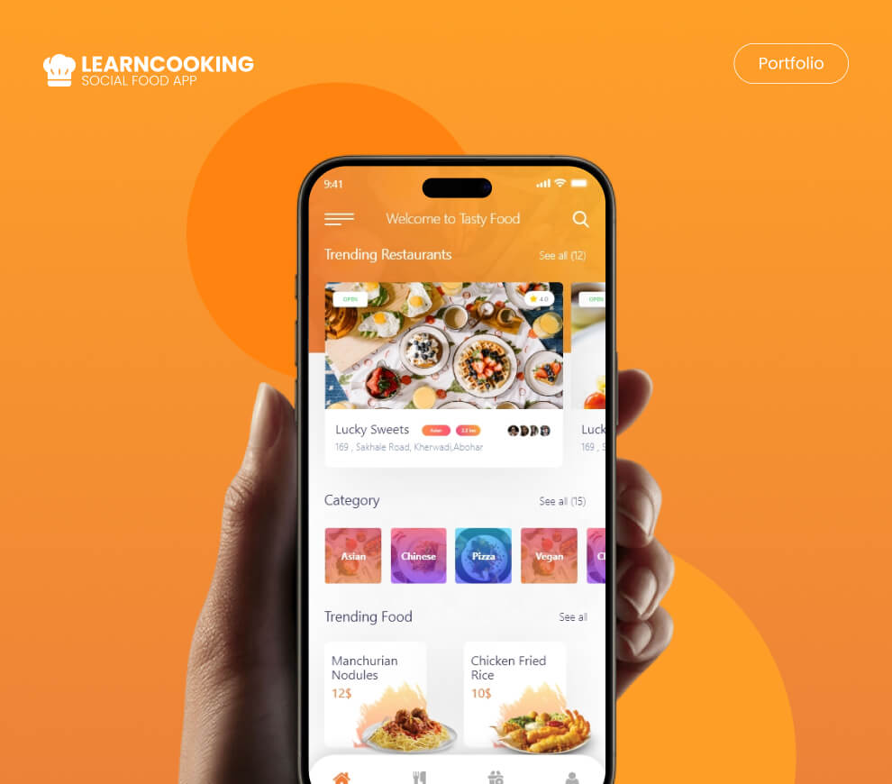 UI screens of a mobile app template designed for learning cooking through videos and recipes