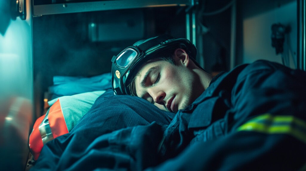 A firefighter resting inside an ambulance after a long day of service, highlighting the critical importance of sleep health for first responders to maintain performance and safety.