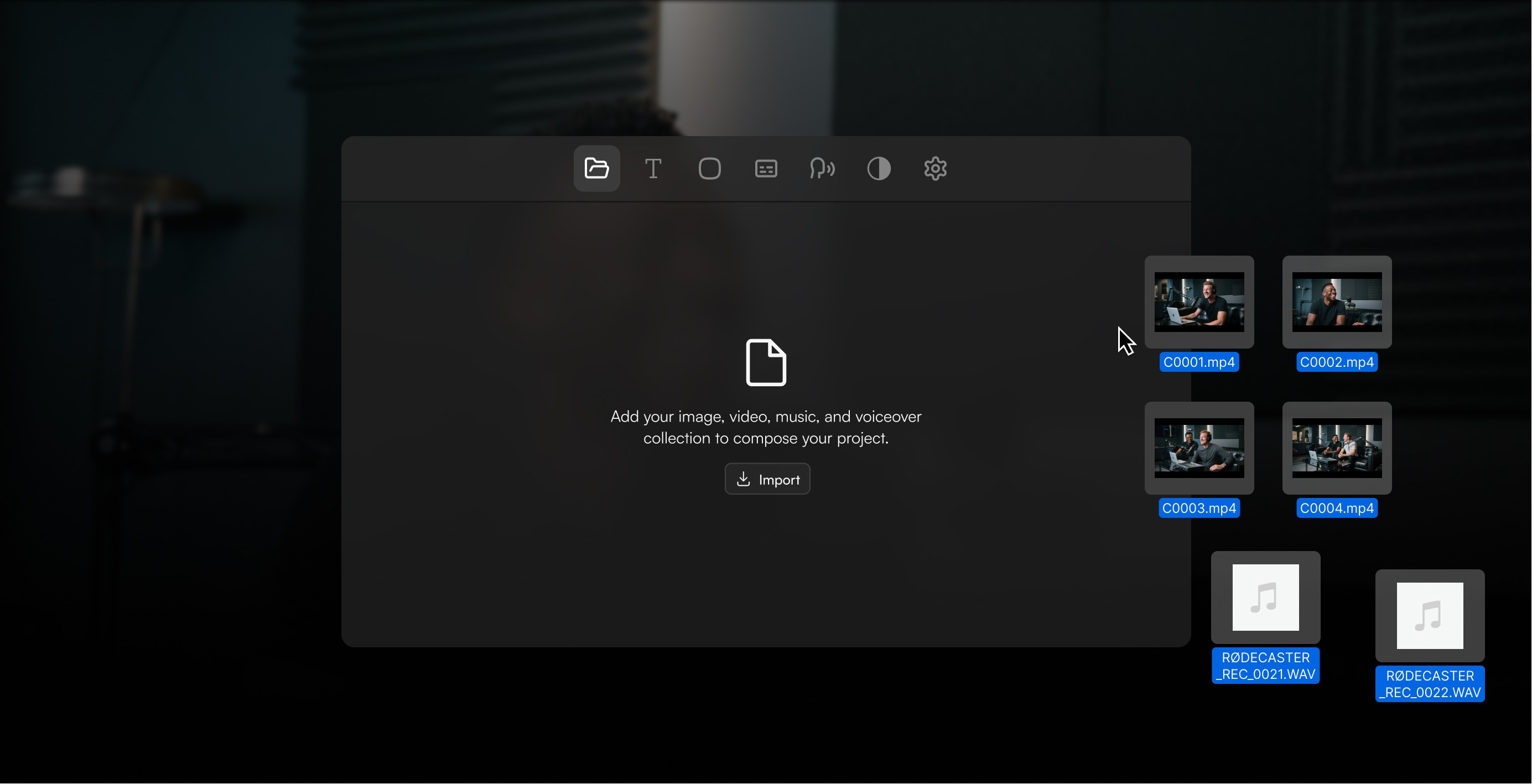 Diffusion Studio media import screen with video and audio files being added to a project, showing how you can start editing immediately from your files.
