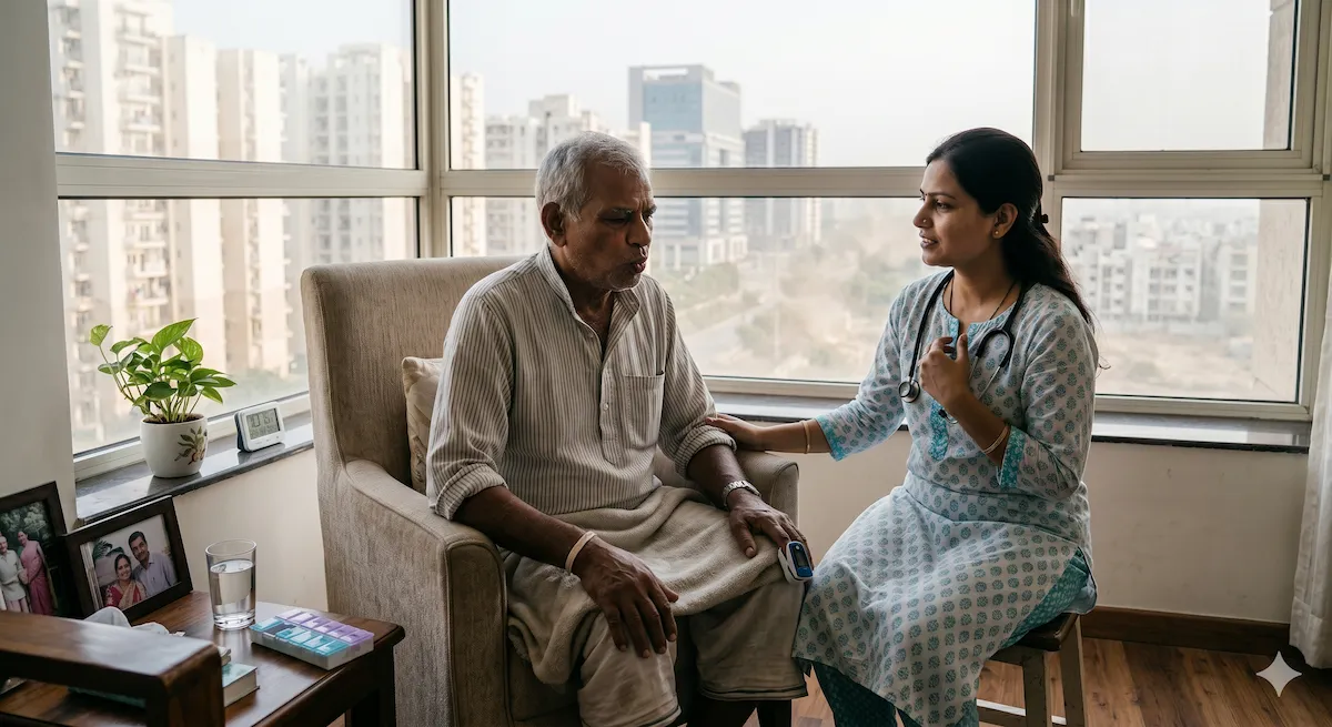Elderly Indian man seated near a window in a Gurgaon apartment, practising pursed-lip breathing with a caregiver nearby