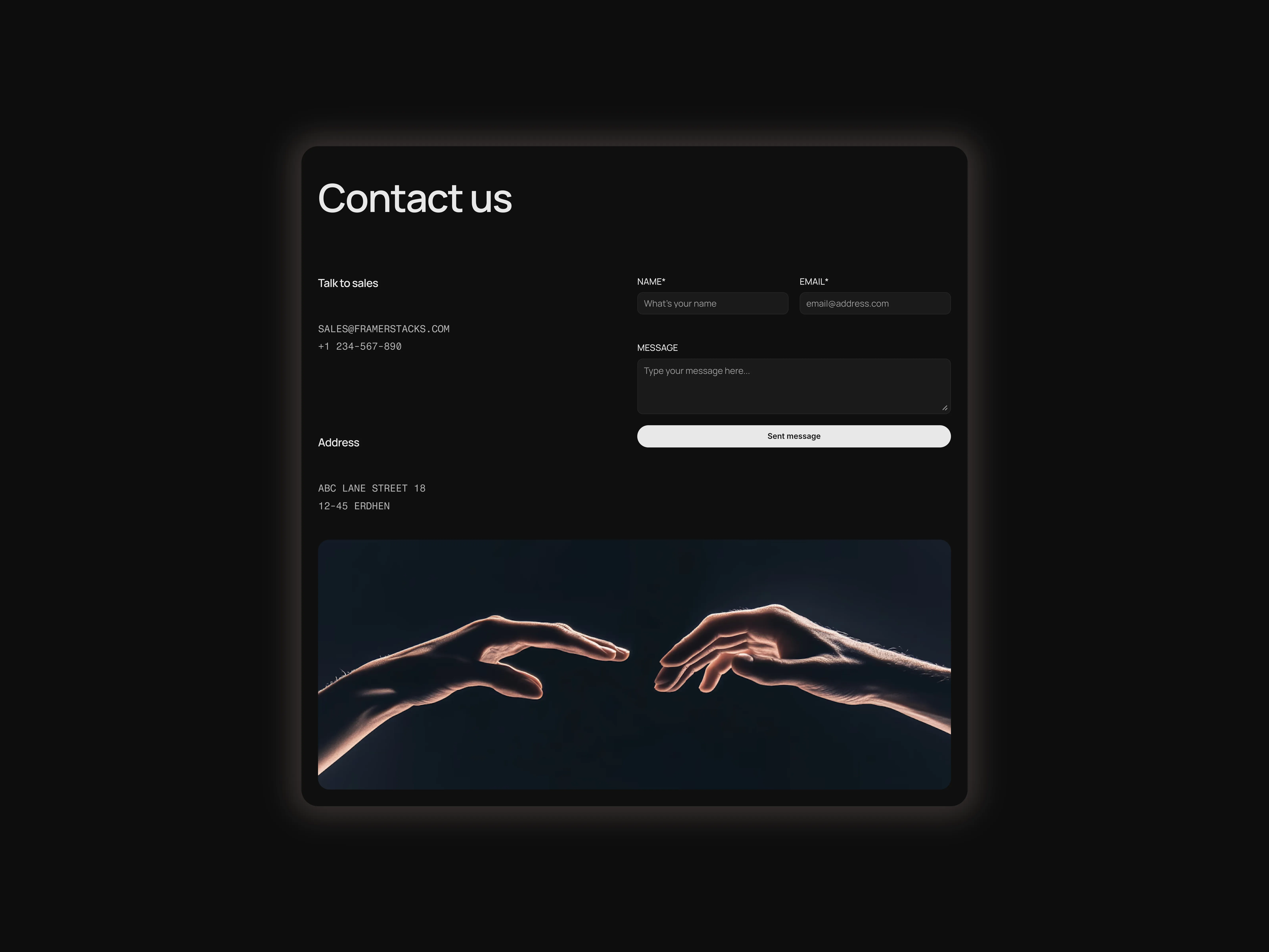 A minimal style dark themed contact us page section with various contact us methods. optimized for desktop devices.